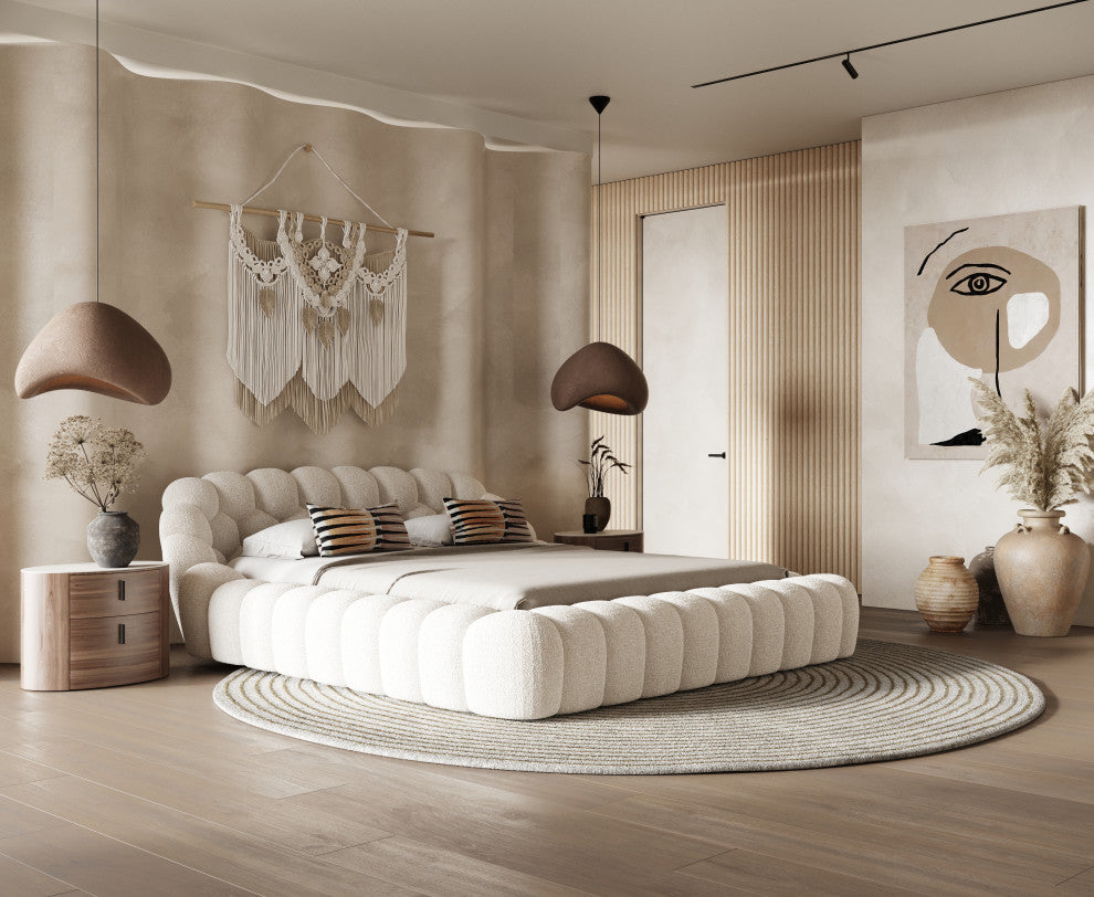 Yolonda Modern Off-White Fabric Bed, Queen