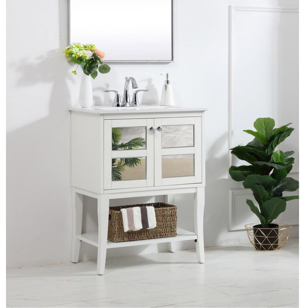 Elegant VF2100MR 24" Single Bathroom Mirrored Vanity Set, White