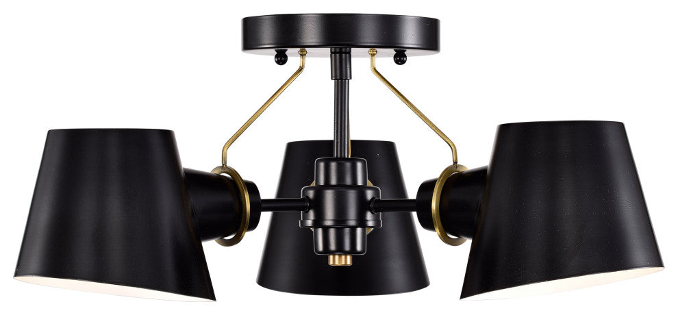 Baxter 3-Light Semi-Flush Fixture, Black With Burnished Brass