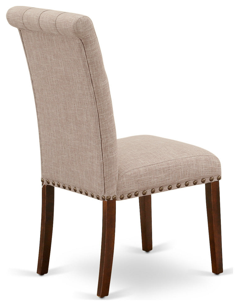 5Pc Dining Set, Round Table, Four Parson Chairs, Light Fawn Fabric, Mahogany