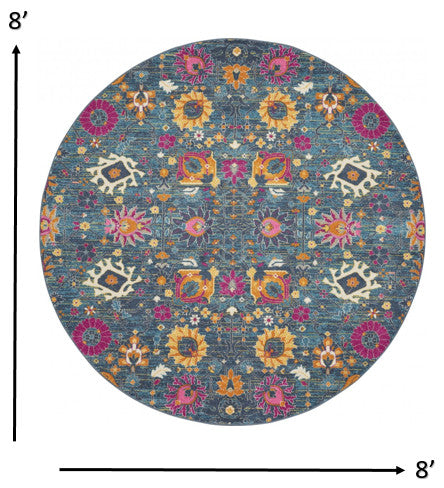 8 Round Denim Blue Florals Distressed Area Rug