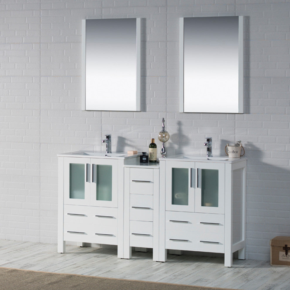 Sydney 60" Double Vanity Set With Mirrors, Glossy White No Mirror