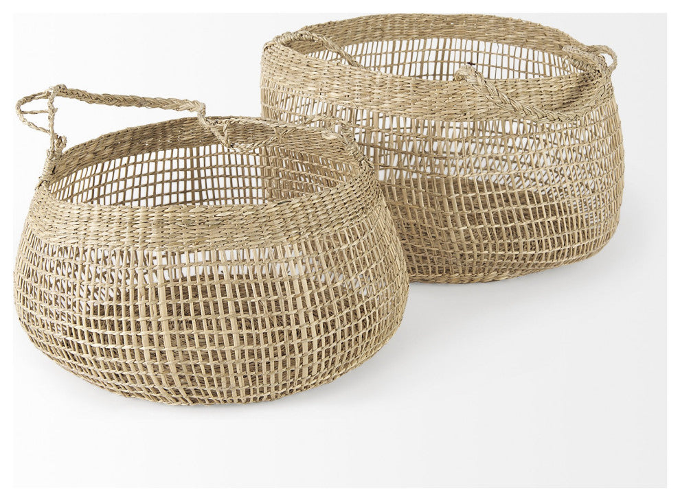 Set of Two Wicker Storage Baskets With Long Handles