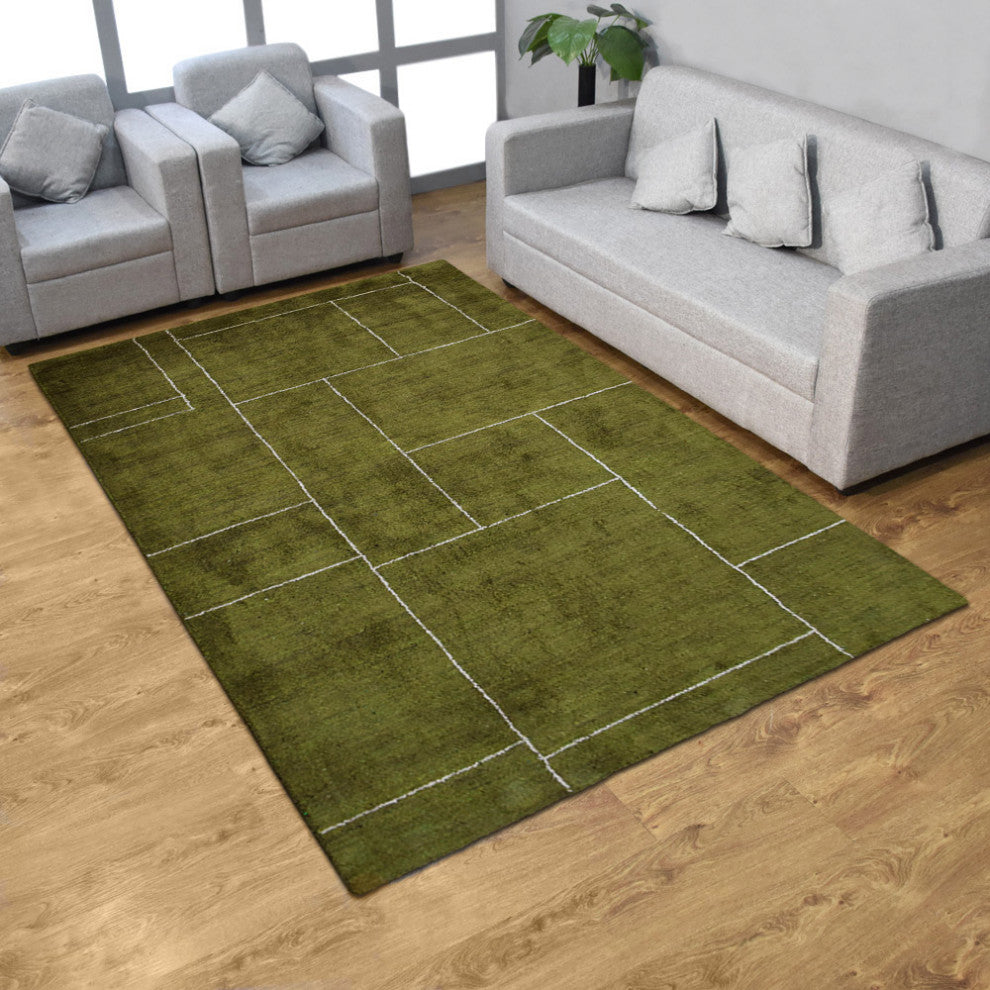 HAND KNOTTED LOOM SILK ECO-FRIENDLY RUGS-9'x12',Rectangle,Green Beige,Geometric