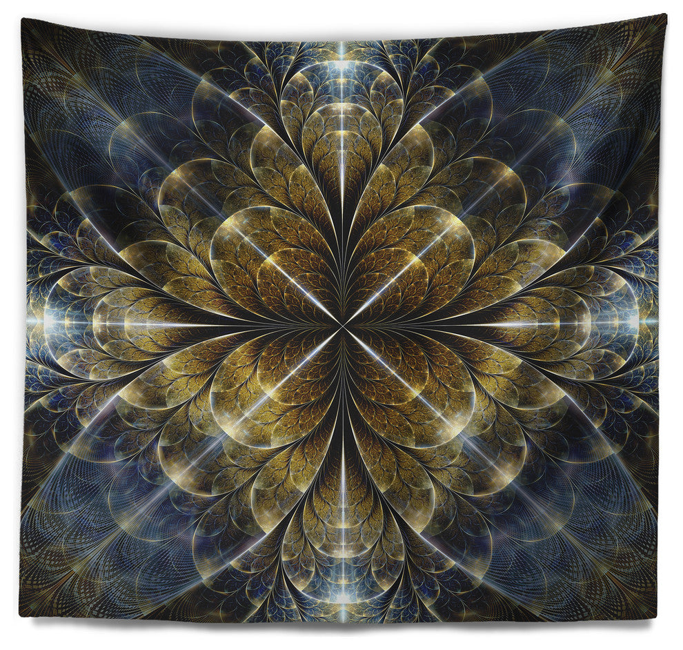 Digital Gold Fractal Flower Pattern Abstract Wall Tapestry, 80"x68"