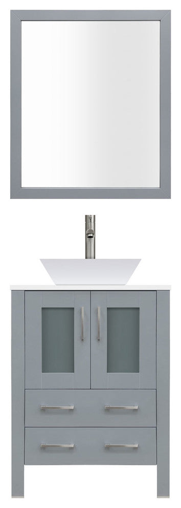 30" Modern Vanity Sink Base, Mirror and Vessel Sink, Gray