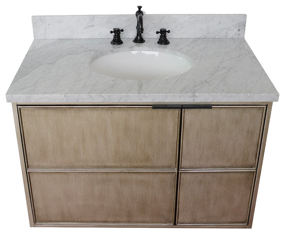 37" Single Wall Mount Vanity, Linen Brown Finish With White Carrara Top