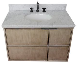 37" Single Wall Mount Vanity, Linen Brown Finish With White Carrara Top