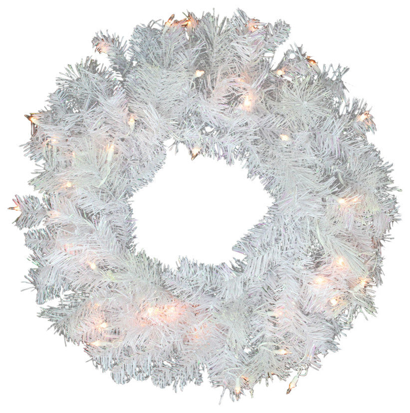 24" White Iridescent Wreath, 120 Tips, 50 Clear Lights