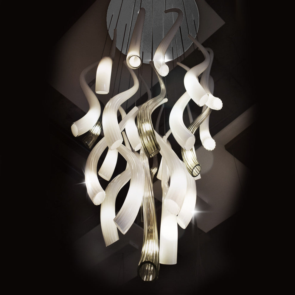 Hand Blown Murano Glass Chandelier, Silver Canopy, 60" Long