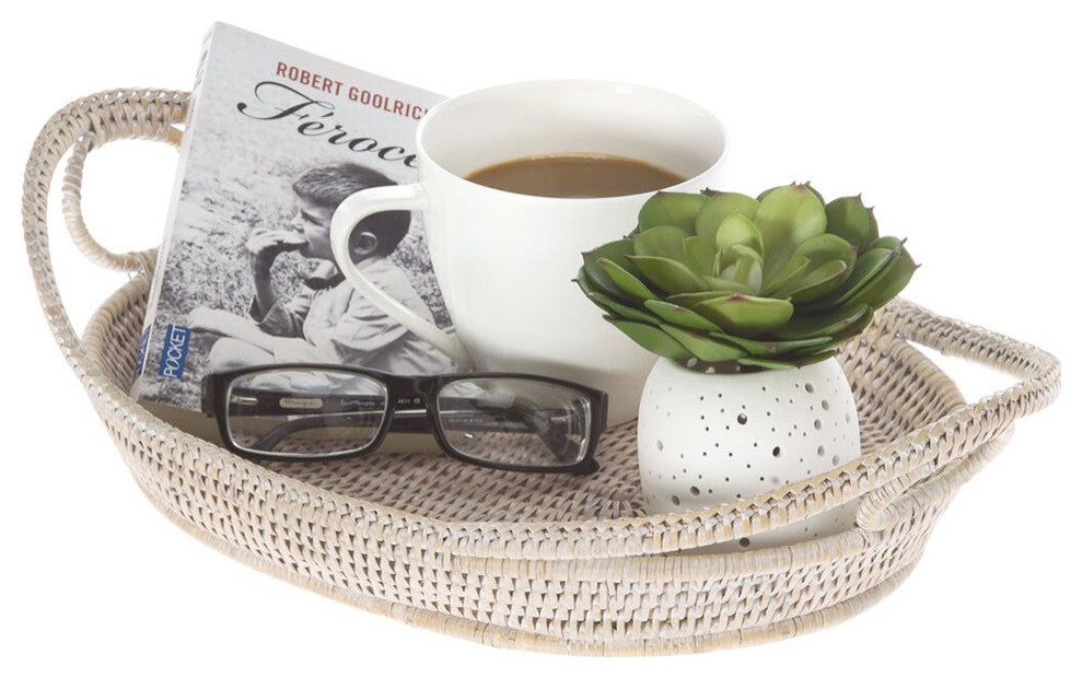 La Jolla Oval Rattan Tray With Looped Handles, White-Wash