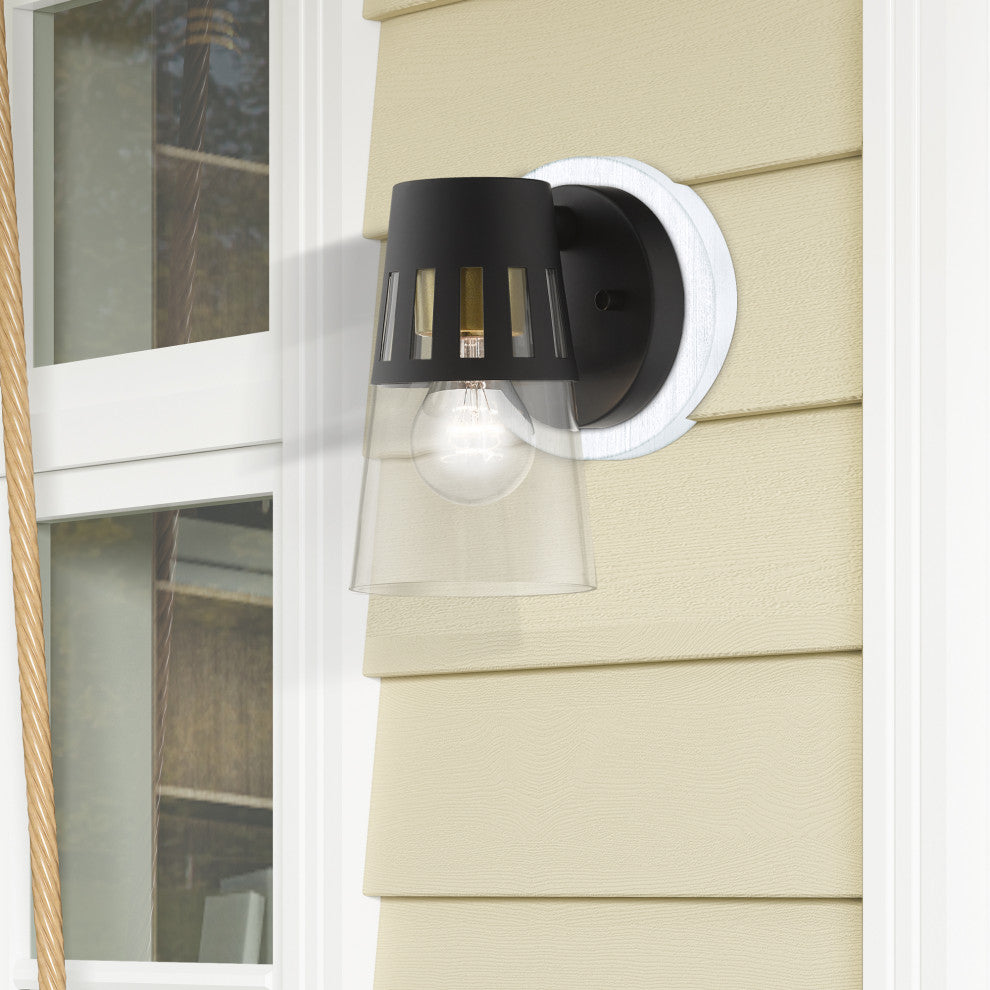 Covington 1-Light Black Outdoor Small Wall Lantern, Soft Gold Accents