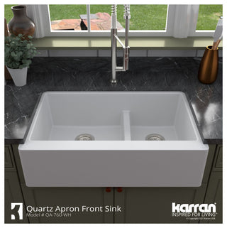 Karran Farmhouse Quartz 34" Double Offset Bowl Sink Kit, White