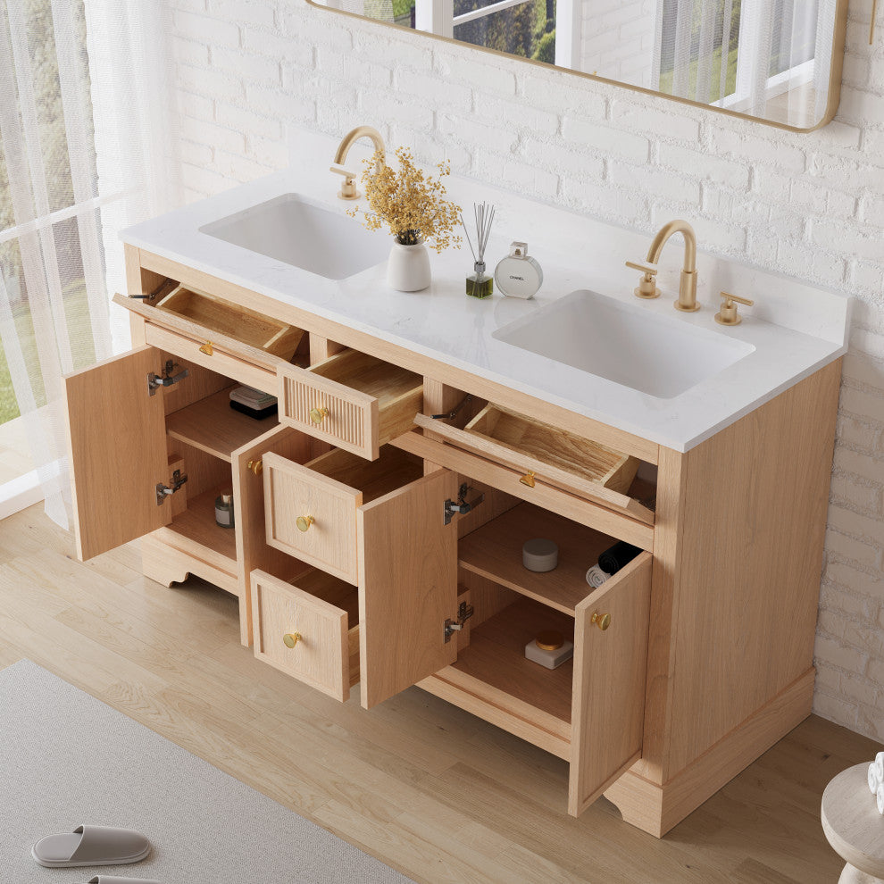 Solid Wood Bathroom Vanity with Carrara White Quartz Top, CUPC-certified Sink, 60"