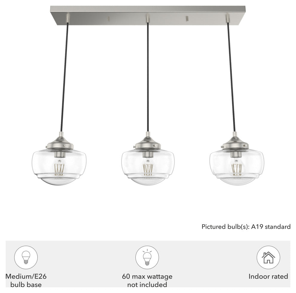 Saddle Creek Brushed Nickel, Clear Seeded Glass 3 Light Linear Cluster Light