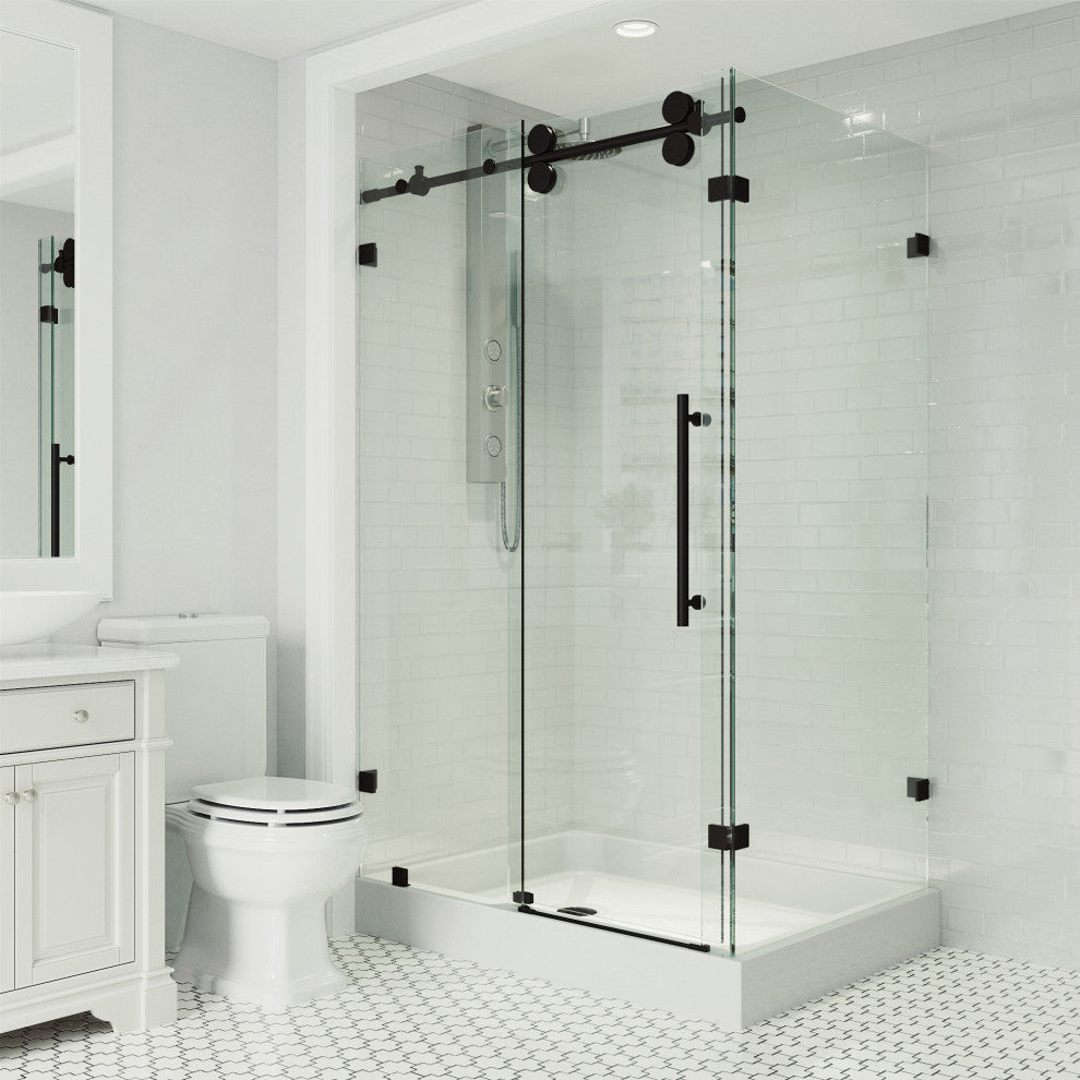 VIGO Winslow Frameless Sliding Shower Enclosure, Matte Black, 36" D X 48" W X 80" H, Left Drain Base