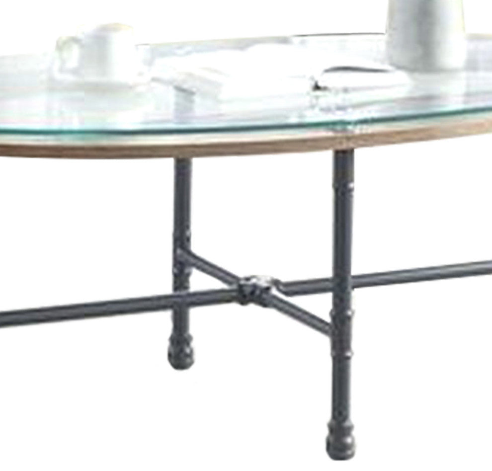 Benzara BM251159 Sofa Table With Oval Glass Top and Metal Pipe Style Legs, Gray