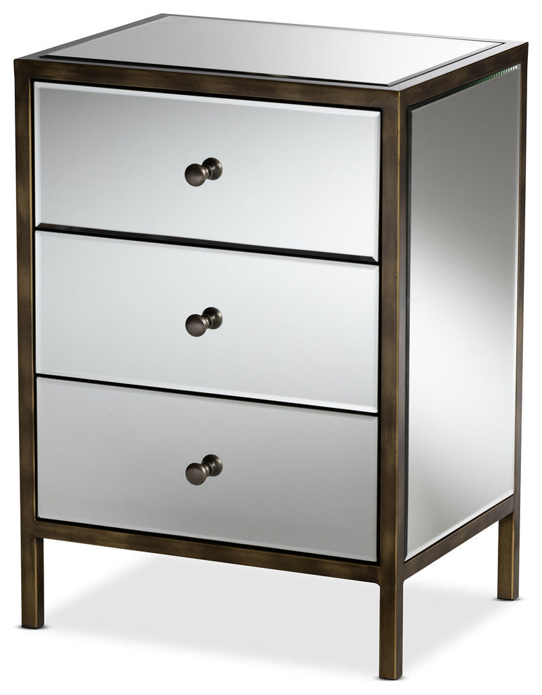 Matthew Hollywood Regency Glamour Mirrored 3-Drawer Nightstand Bedside Table