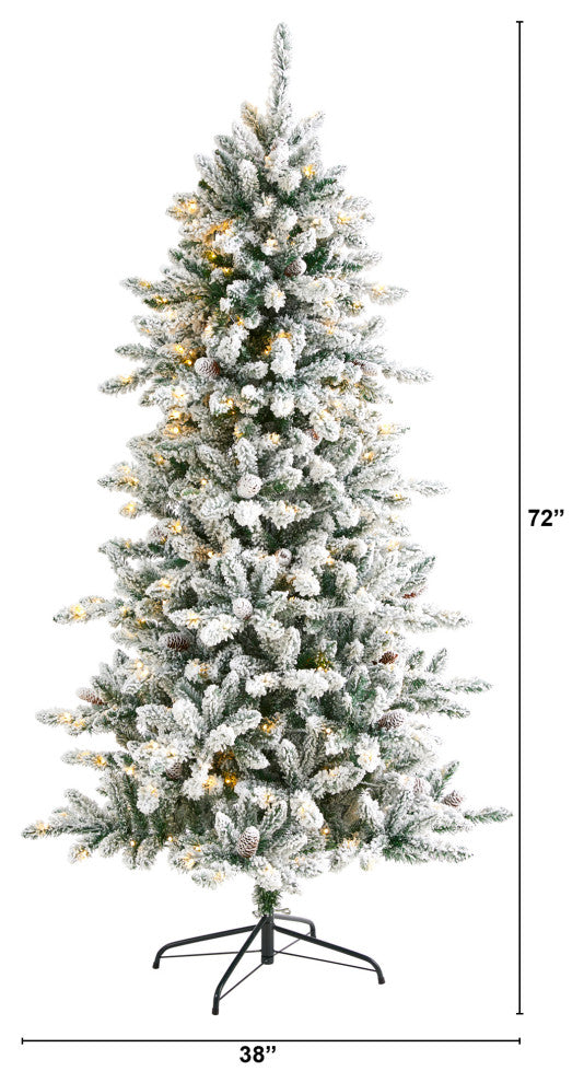 6' Flocked Livingston Fir Faux Xmas Tree With Pine Cones & 300 Clear Warm Lights
