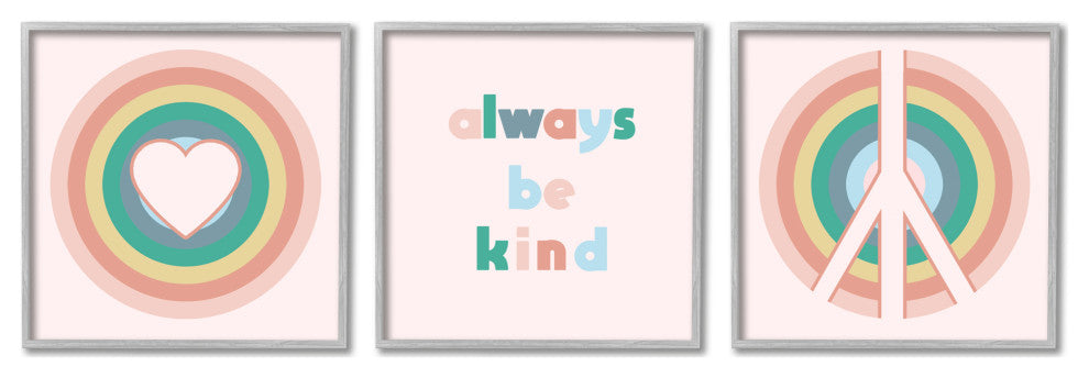 Cute Always Be Kind Quote Rainbow Peace Sign, 3pc, each 12 x 12