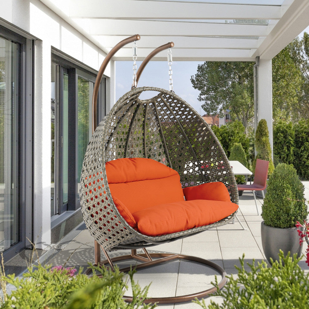 2 Person Beige Wicker Double Hanging Egg Swing Chair, Orange