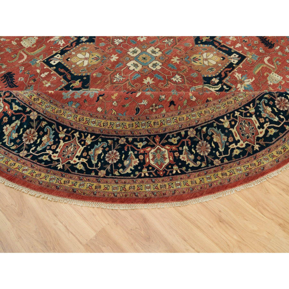Red Hand Knotted Antiqued Fine Heris Re-Creation Wool Round Rug 11'10"x11'10"