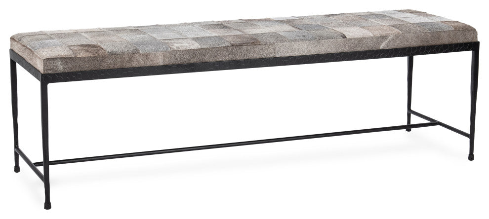 Achen Leather Hide Ottoman Bench by Kosas Home , Gray, 60"