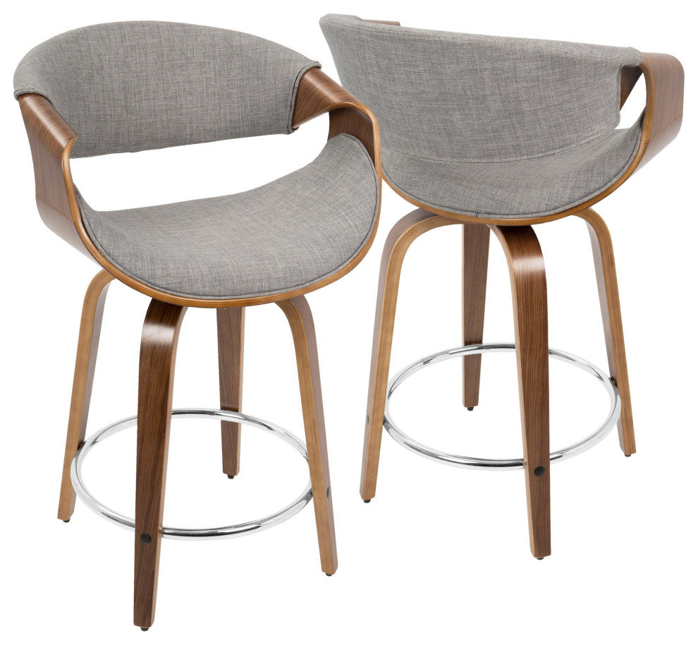 Curvini 24'' Counter Stool, Set of 2, Walnut Wood/Light Gray Fabric/Chrome