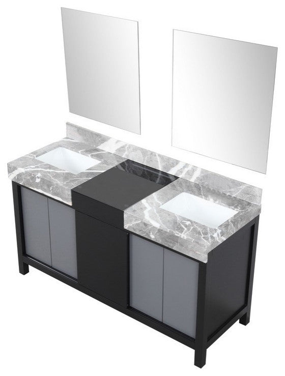 Zilara 60" Black and Grey Double Vanity, 28" Frameless Mirrors