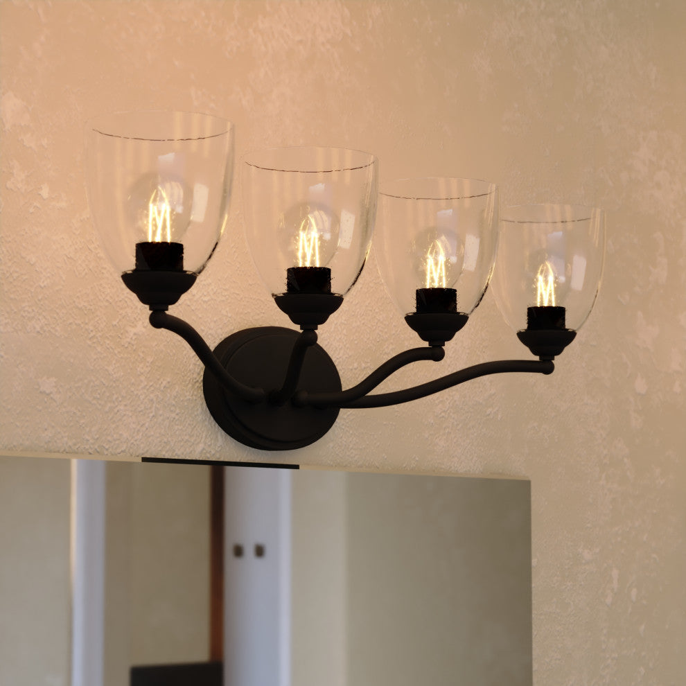 Bellwood 13.5" 2-Light Traditional Nickel Bathroom Vanity Fixture, Glass Shade, Matte Black, 4-Light