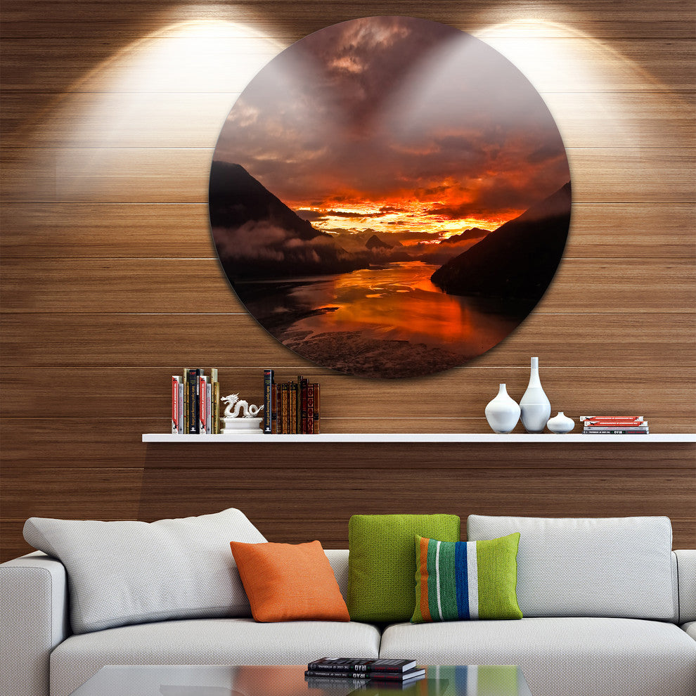 Sunrise In Cloudy Day New Zealand, Landscape Disc Metal Wall Art, 23"