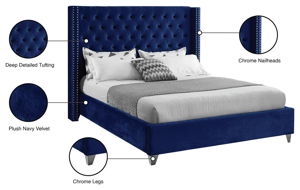 Ames Velvet Bed, Navy, King