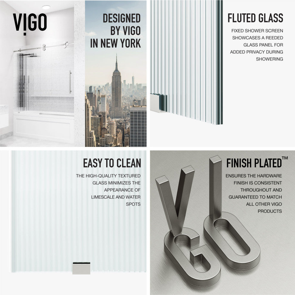 VIGO Elan 56" to 60" W x 66" H Frameless Sliding Tub Door, Stainless Steel, Fluted Glass, Left