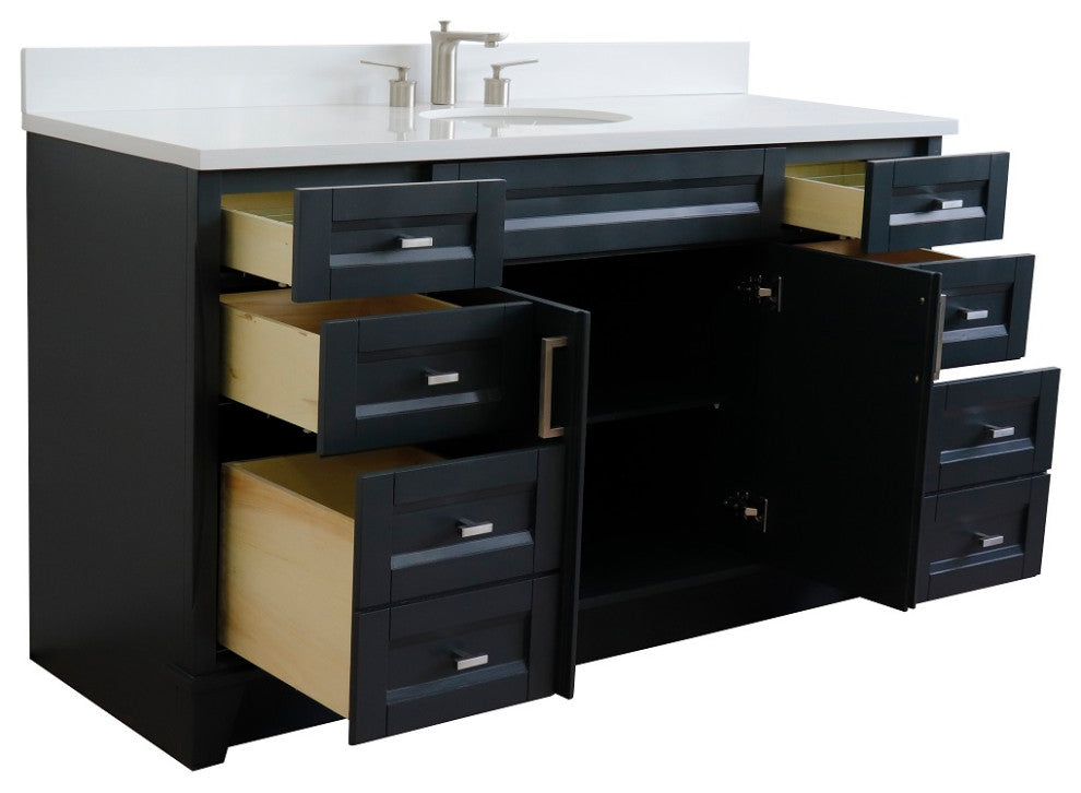 61" Single Sink Vanity, Dark Gray Finish And Engineered Stone Top And Oval Sink