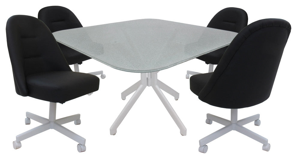 M-235 Dinette Swivel Metal Caster Chairs - Clear Glass, Black Vinyl - White, Cra