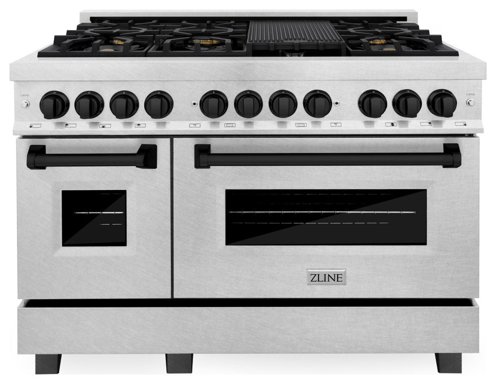 ZLINE 48" Dual Fuel Range, DuraSnow With Matte Black Accents RASZ-SN-48-MB