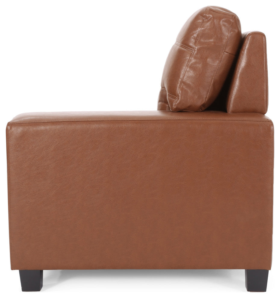 Littell Faux Leather Tufted 3 Seater Sofa, Chaise Sectional Set, Cognac/Brown