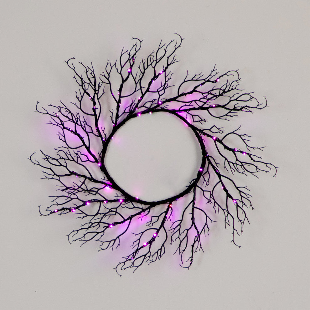 23in. Pre-Lit Halloween Black Fall Wreath With 60 Orange and Purple LED Lights