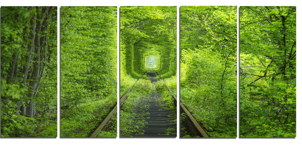 Forest around Rail Way Tunnel, Landscape Canvas Art Print, 60"x28", 5 Panels