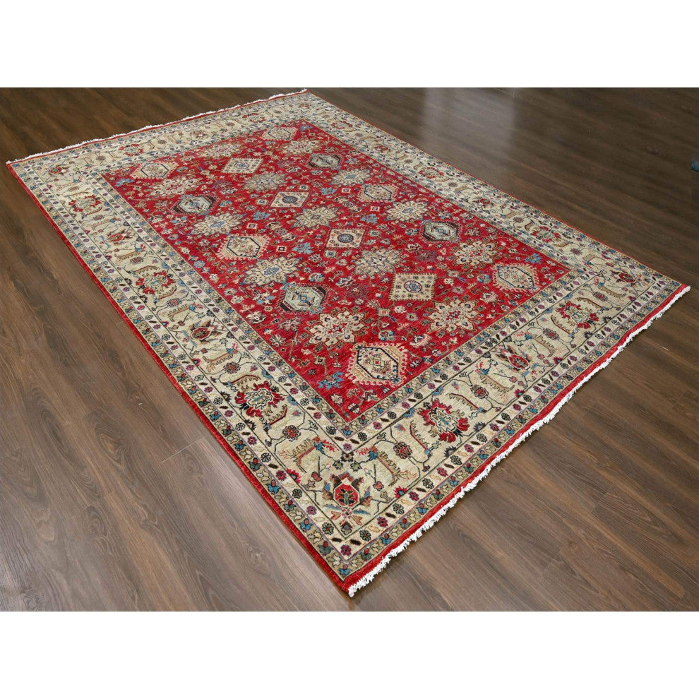 Auburn Red Hand Knotted Pure Wool Karajeh Design Oriental Rug, 9'3"x11'11"