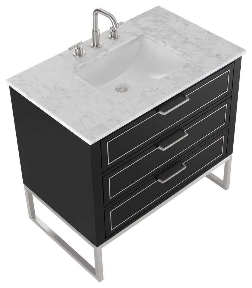 Markham Bathroom Vanity, Midnight Black/Brushed Nickel, 36", White Quartz Top