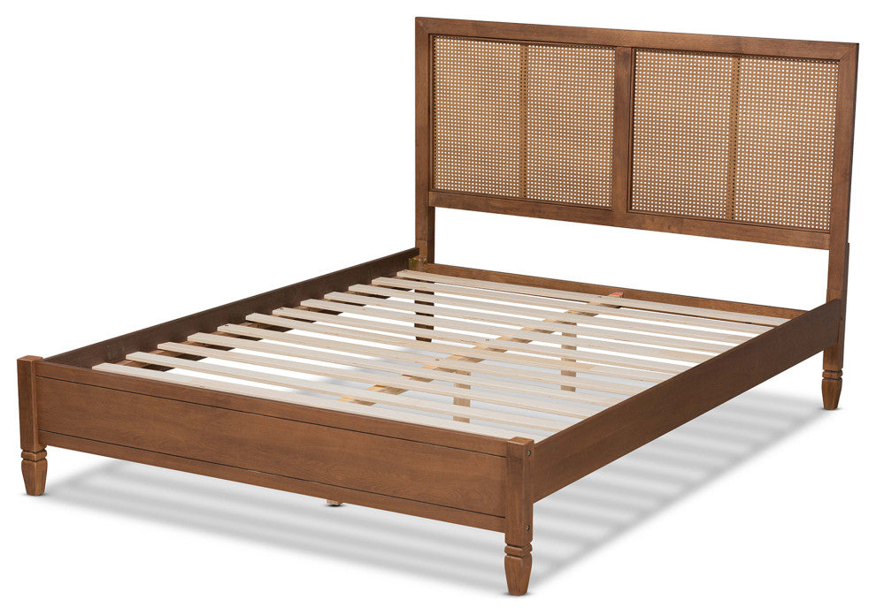 Redmond Mid-Century Brown Finished Wood Synthetic Rattan King Size Platform Bed