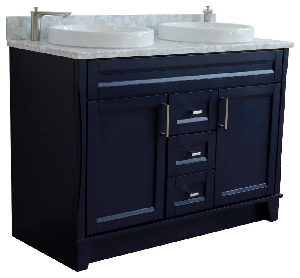 48" Double Sink Vanity, Blue Finish With White Carrara Marble And Round Sink