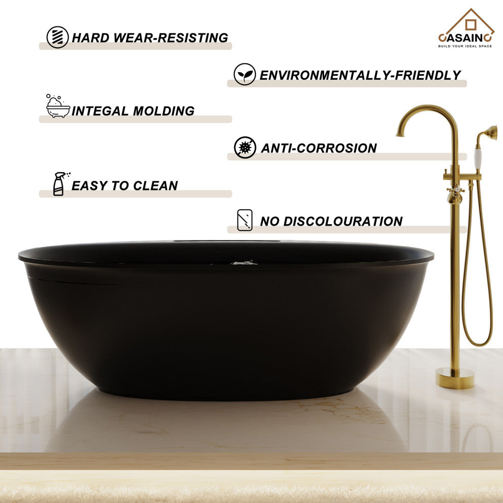 63in Solid Surface Freestanding Bathtub in Matte White, Matte Black