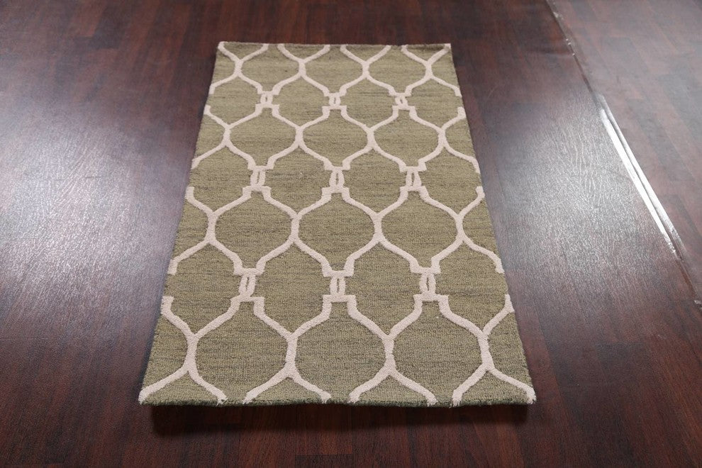 Transitional Trellis Oushak Oriental Hand-Tufted Area Rug, Sage Green, 3x5'