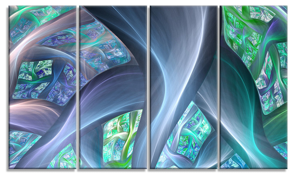 Blue Fractal Exotic Plant Stems, Abstract Canvas Art Print, 48"x28", 4 Panels