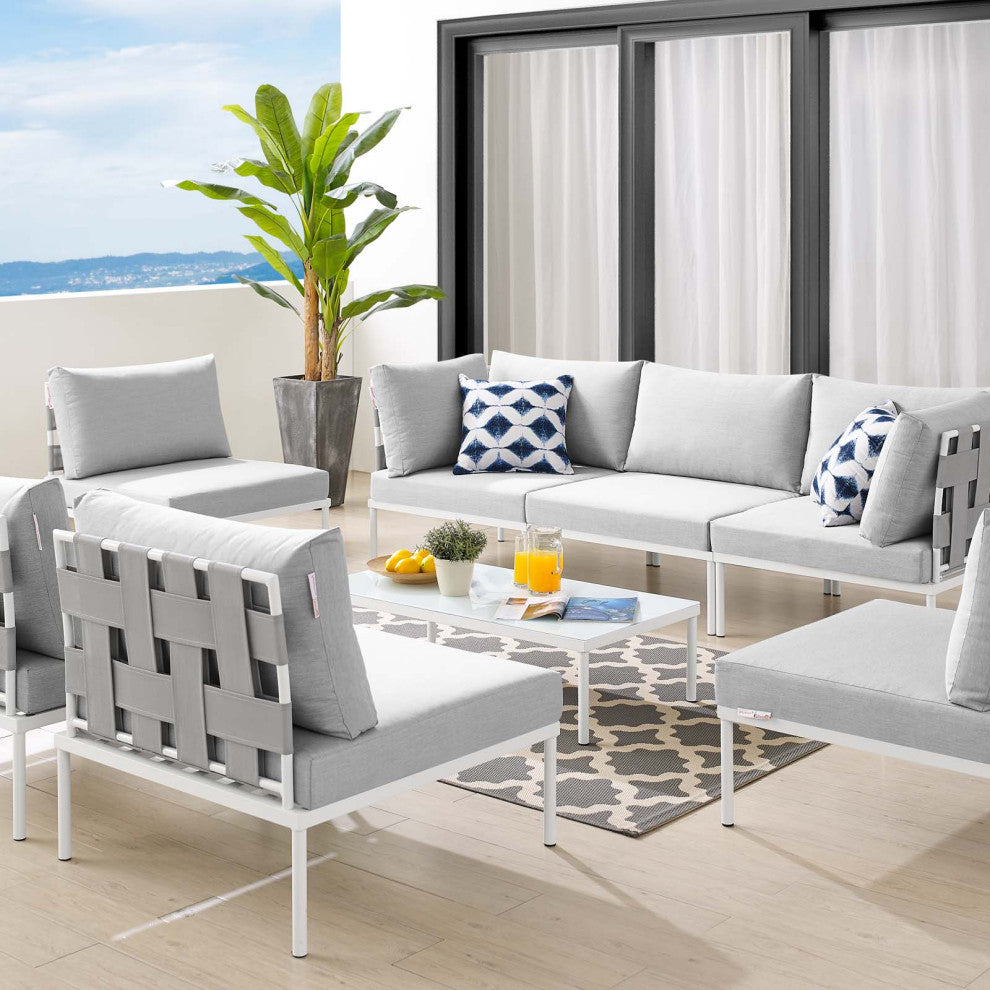 Lounge Sectional Sofa Chair Table Set, Sunbrella, Aluminum, Gray, Outdoor