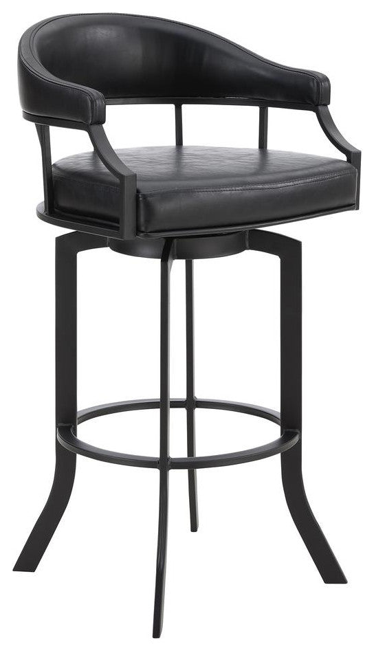 Pharaoh Swivel 26 Black Powder Coated and Black Faux Leather Metal Bar Stool