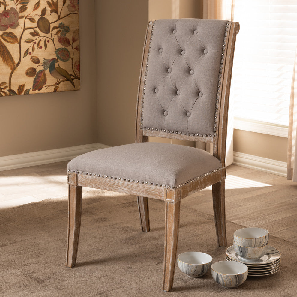 Charmant Provincial Beige Upholstered Weathered Oak Finished Wood Dining Chair