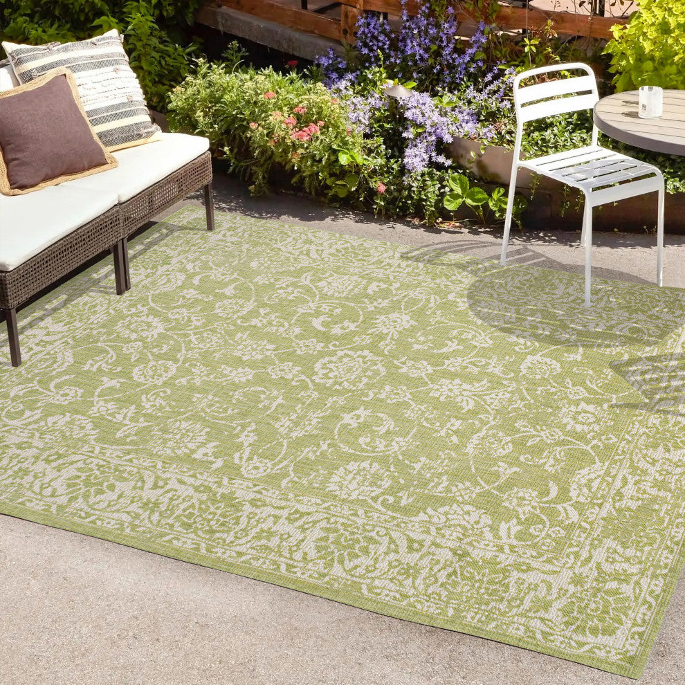 Tela Boho Textured Weave Floral Indoor/Outdoor Rug, Green/Cream, 8 X 10